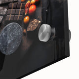 Large abstract wall art featuring assorted fruits in vivid colors on acrylic glass, ideal for dining room decor.