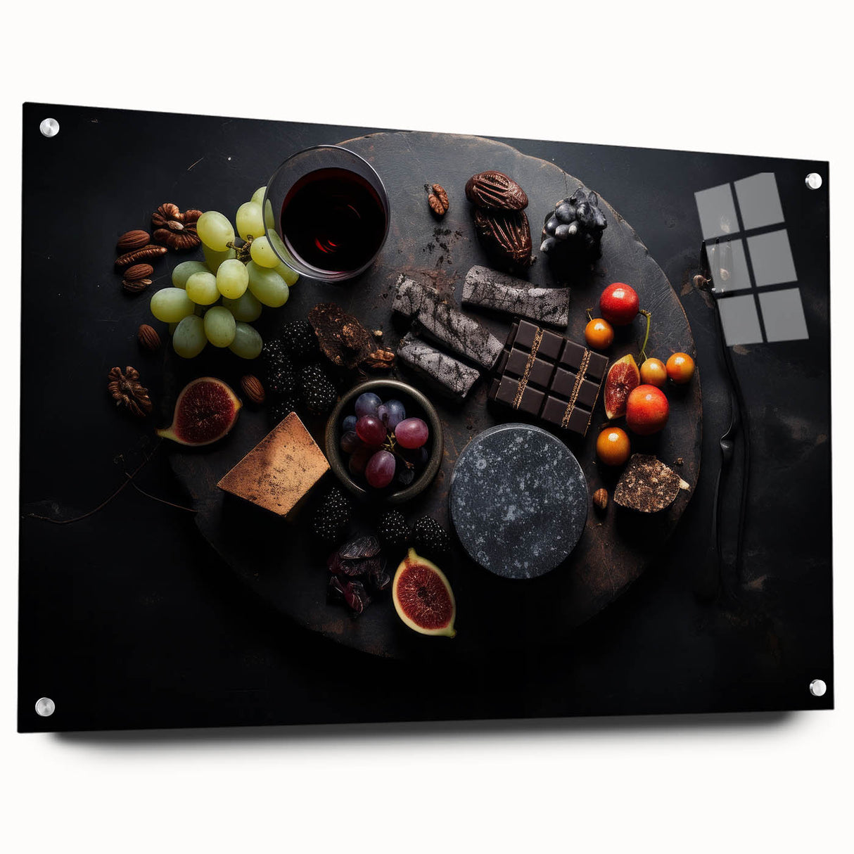 Large abstract wall art on acrylic glass featuring an assortment of fruits in vibrant colors, ideal for dining room decor.
