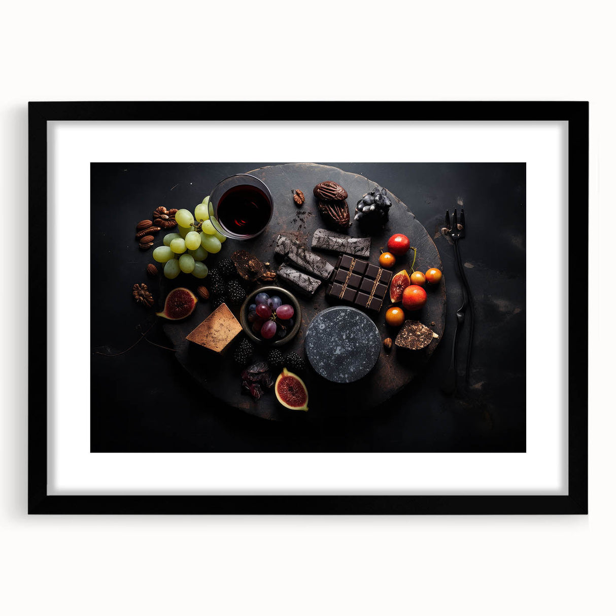 Extra large abstract art print featuring vibrant, textured depictions of assorted fruits on a black framed canvas.