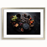 Textured art print featuring abstract fruit designs in vibrant colors, framed in silver, ideal for bedroom wall decor.