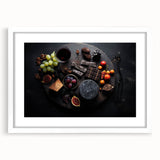 Abstract art print featuring an assortment of fruits in vibrant colors on a white framed mat, suitable for dining room decor.