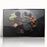 Mid-century modernist art poster featuring an array of colorful fruits on a silver acrylic framed print.