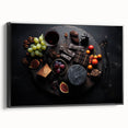 Black and white framed canvas featuring a vintage poster of assorted fruits, ideal for bedroom wall decor.