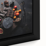 Close-up of textured black wall art depicting colorful fruits on extra large framed canvas, ideal for living room decor.