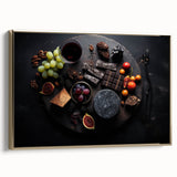 Framed canvas of vintage poster art featuring a landscape of assorted fruits in gold and black tones.