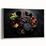 Landscape art painting of colorful fruits on a black background, framed canvas, ideal for kitchen decor.