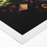 Art deco poster featuring an assortment of colorful fruits on a rolled canvas, suitable for dining room decor.