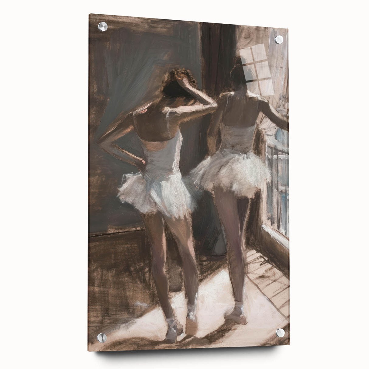 Abstract figurative acrylic artwork displayed in a glass frame, showcasing vibrant colors and dynamic shapes, with decorative pins enhancing its aesthetic appeal.