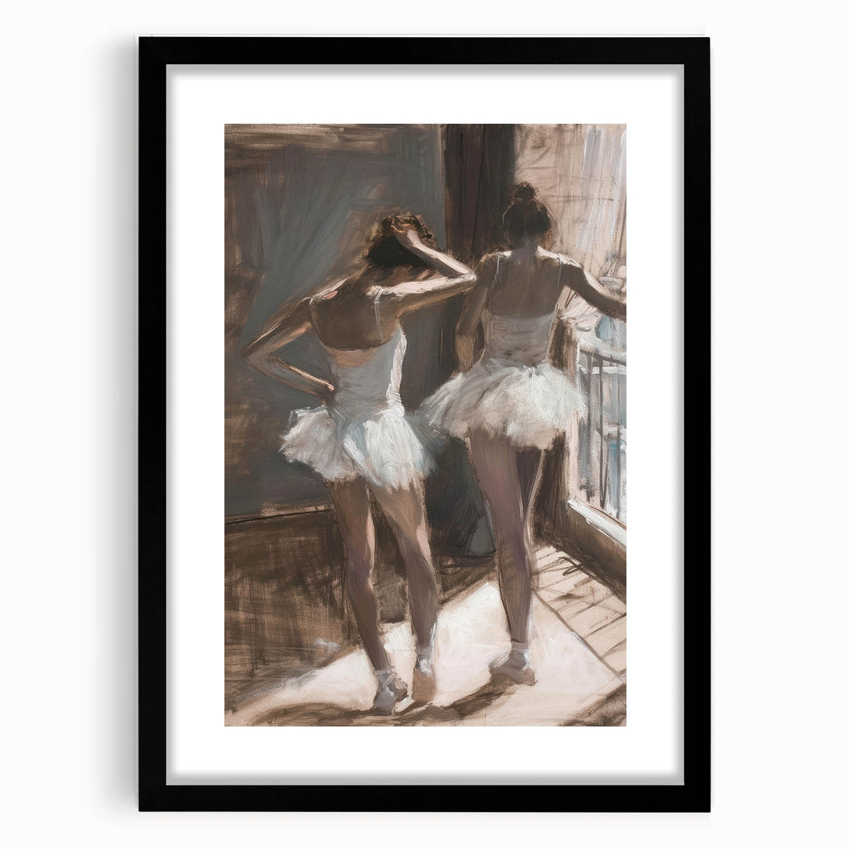Abstract figurative black frame with mat, showcasing a modern design that emphasizes artistic depth, perfect for contemporary home decor.