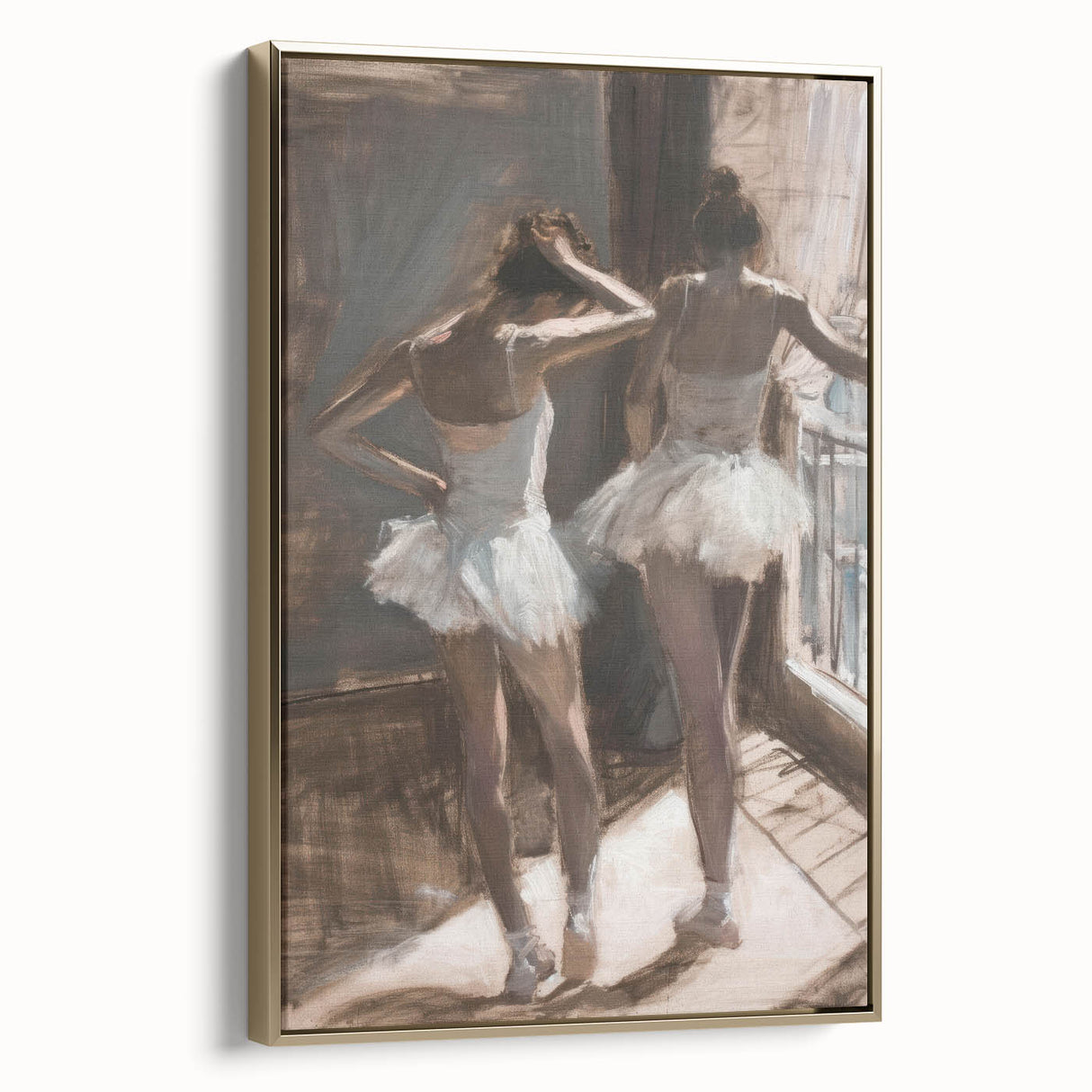 Framed abstract figurative canvas artwork with gold accents, showcasing a modern design that adds elegance to any interior decor. Ideal for contemporary spaces.