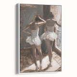 Framed abstract figurative canvas artwork with a white border, showcasing dynamic shapes and soft colors, ideal for modern home decor and artistic expression.