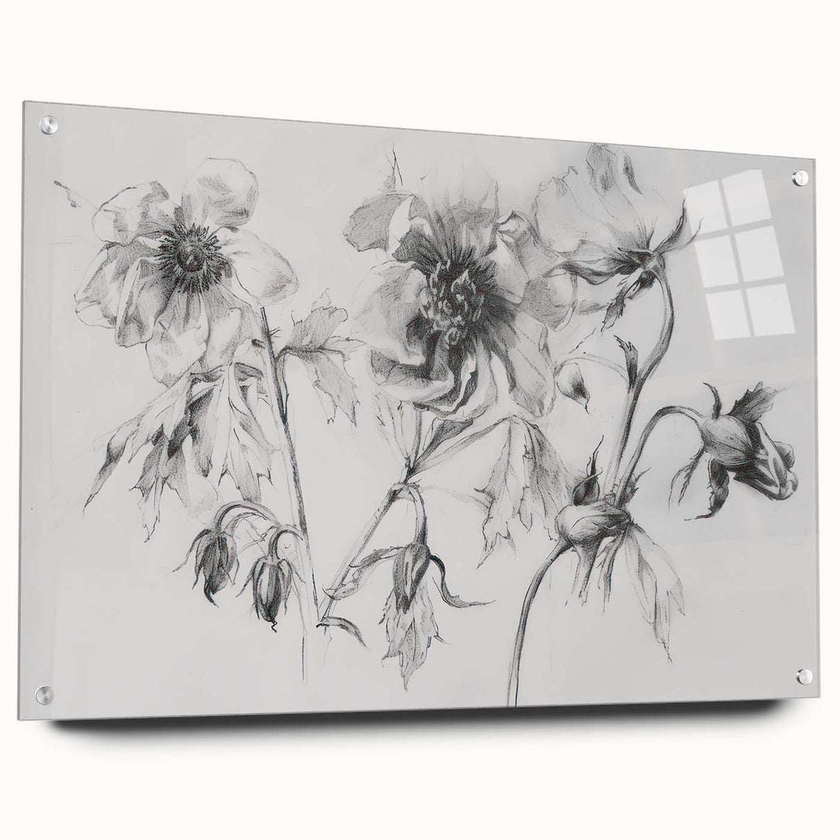 Abstract floral acrylic artwork displayed in a side view, showcasing vibrant colors and intricate details, mounted with pins for a modern decorative touch.