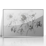 Framed acrylic artwork showcasing vibrant abstract floral designs in soft pinks and greens, set against a modern white frame, ideal for home decor.