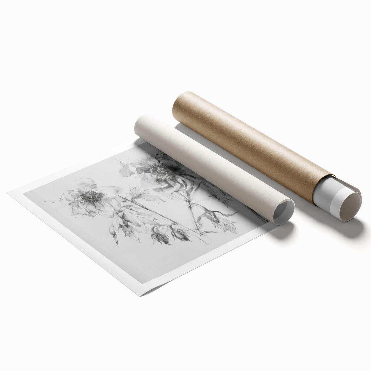Abstract floral rolled print showcasing vibrant colors and intricate patterns, elegantly packaged in a protective cardboard tube for easy display and storage.