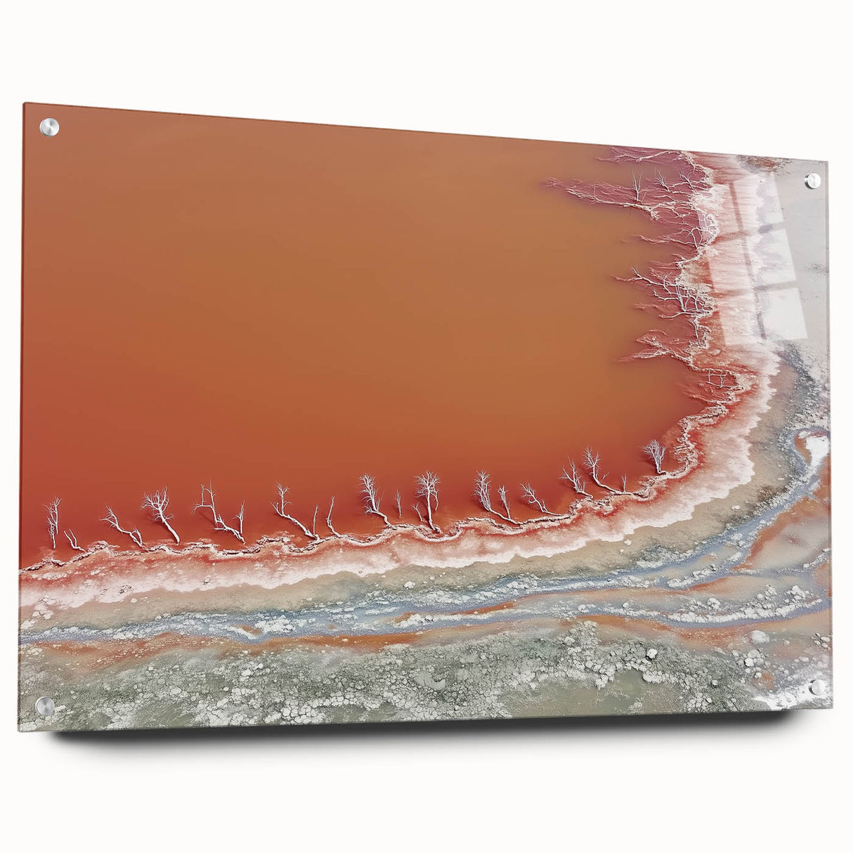 Abstract landscape acrylic design displayed in a side view, featuring vibrant colors and intricate patterns, mounted with pins for artistic presentation.