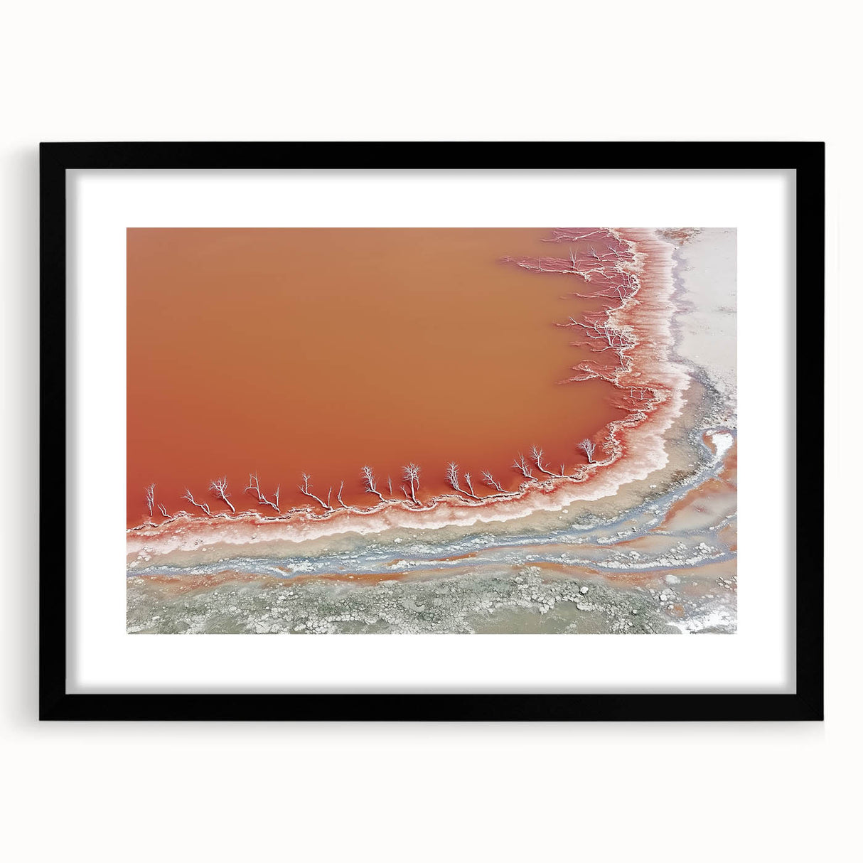 Abstract landscape artwork in a black frame with a white mat, showcasing vibrant colors and dynamic shapes, ideal for modern home decor or office settings.