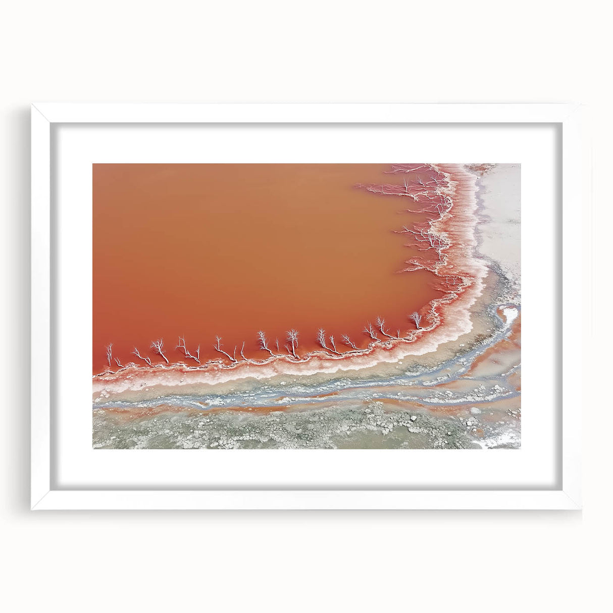 Abstract landscape artwork framed with a white mat, showcasing vibrant colors and dynamic shapes, perfect for modern home decor. The piece is presented in a front view, highlighting its unique design and elegant frame.