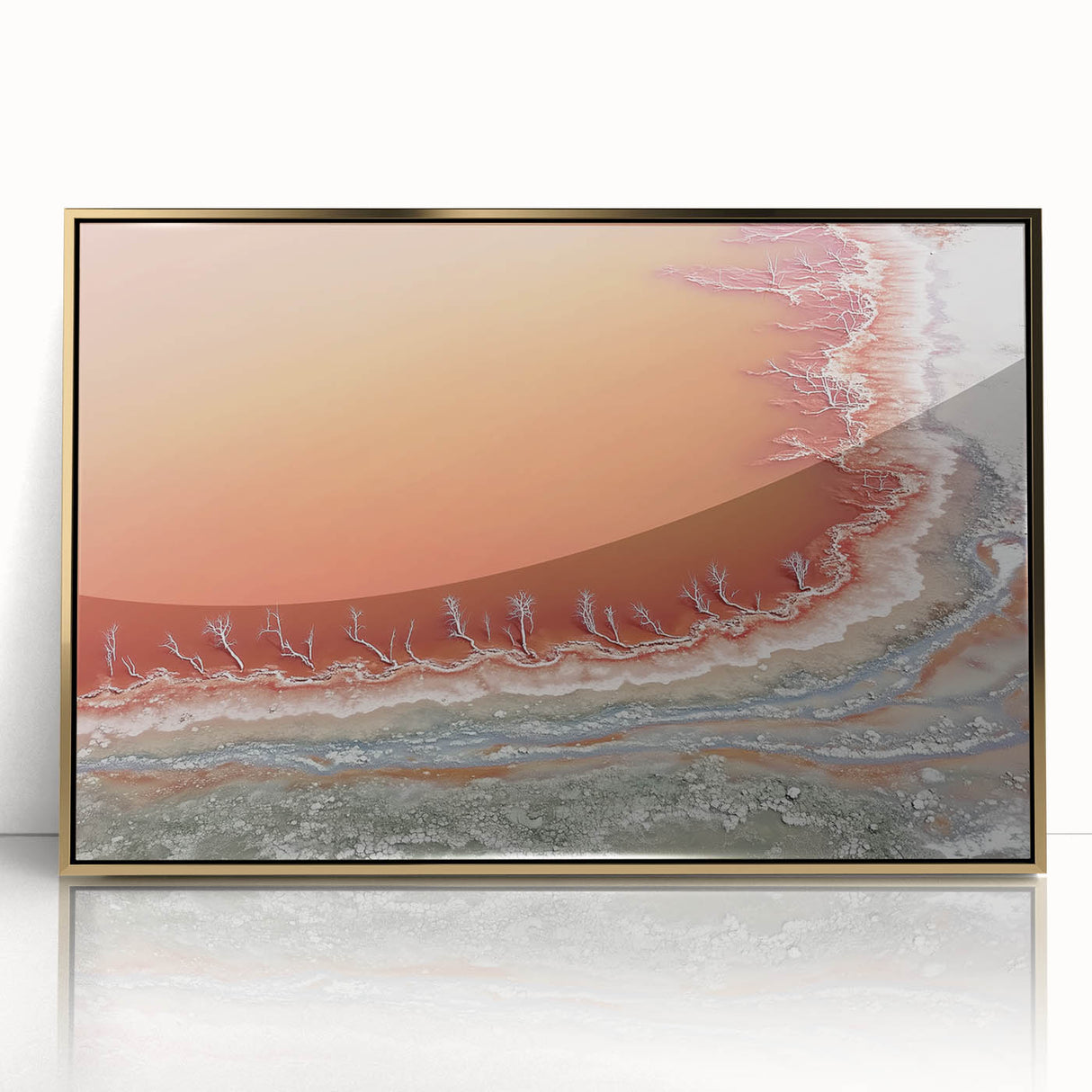 Framed acrylic artwork showcasing an abstract landscape design with gold accents, perfect for enhancing modern home decor. The piece features vibrant colors and a sleek finish, ideal for contemporary interiors.