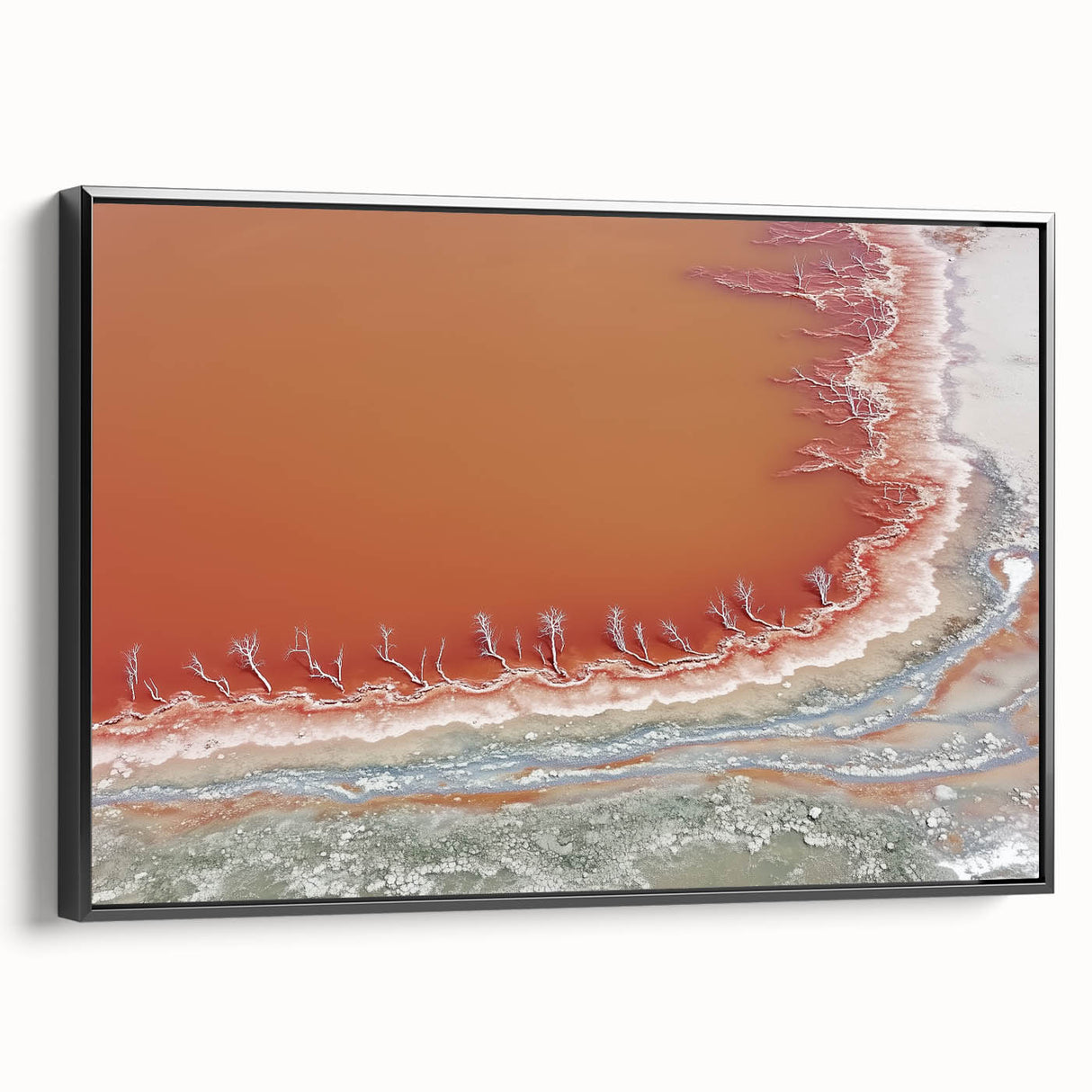 Framed abstract landscape canvas art showcasing rich earth tones and dynamic shapes, set against a sleek black frame, ideal for modern home decor.