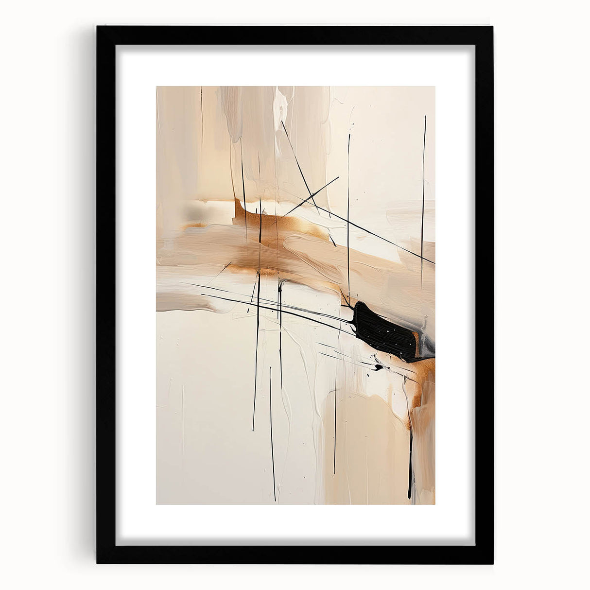 Abstract minimalist wall art framed in black with a white mat, showcasing geometric shapes and subtle colors, ideal for modern home decor.