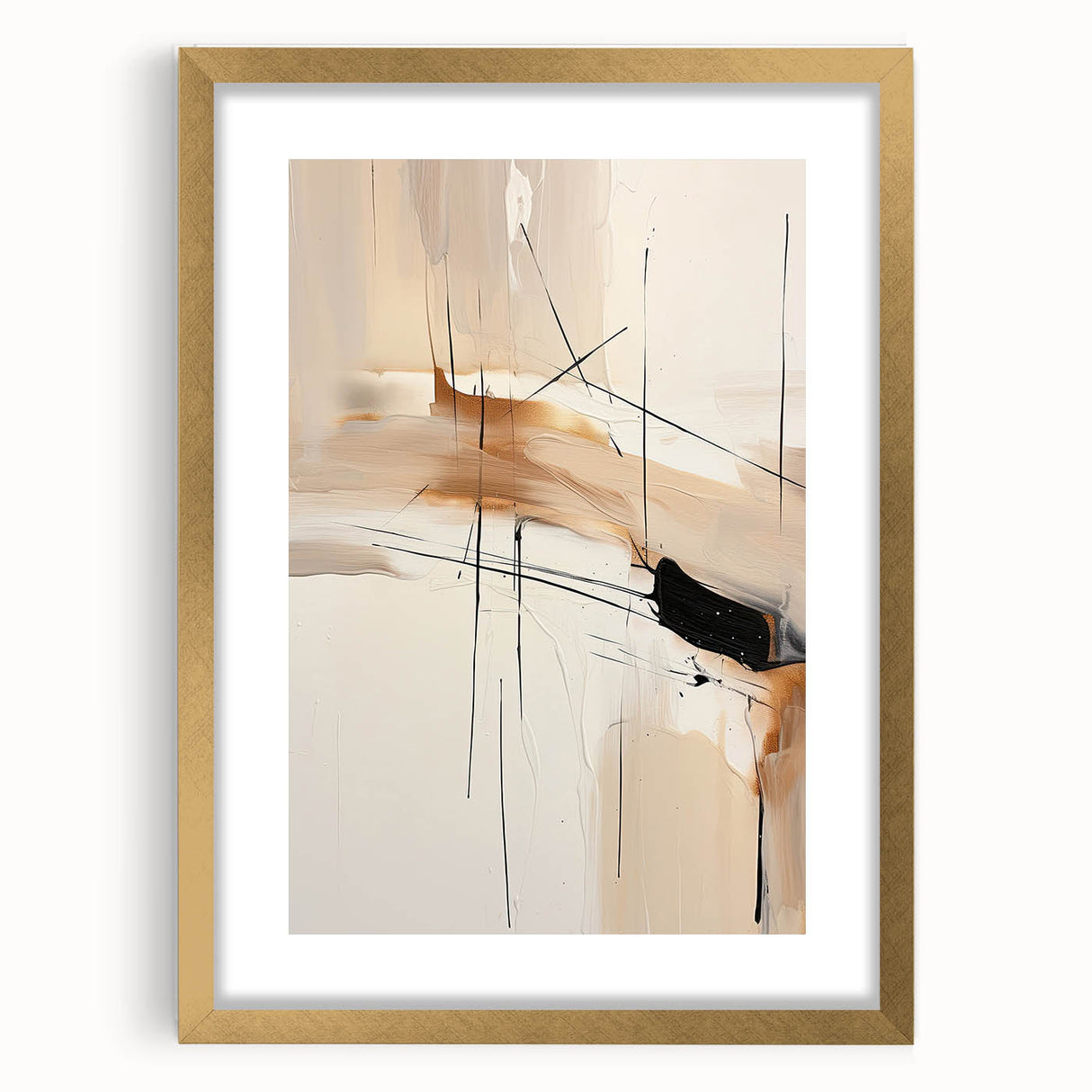 Abstract minimalist wall art framed in gold with a white mat, showcasing geometric shapes and soft color palette, perfect for modern home decor.