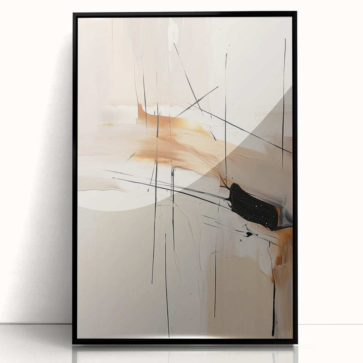 Framed abstract minimalist wall art in black acrylic, showcasing geometric shapes and clean lines, perfect for modern decor in contemporary settings.