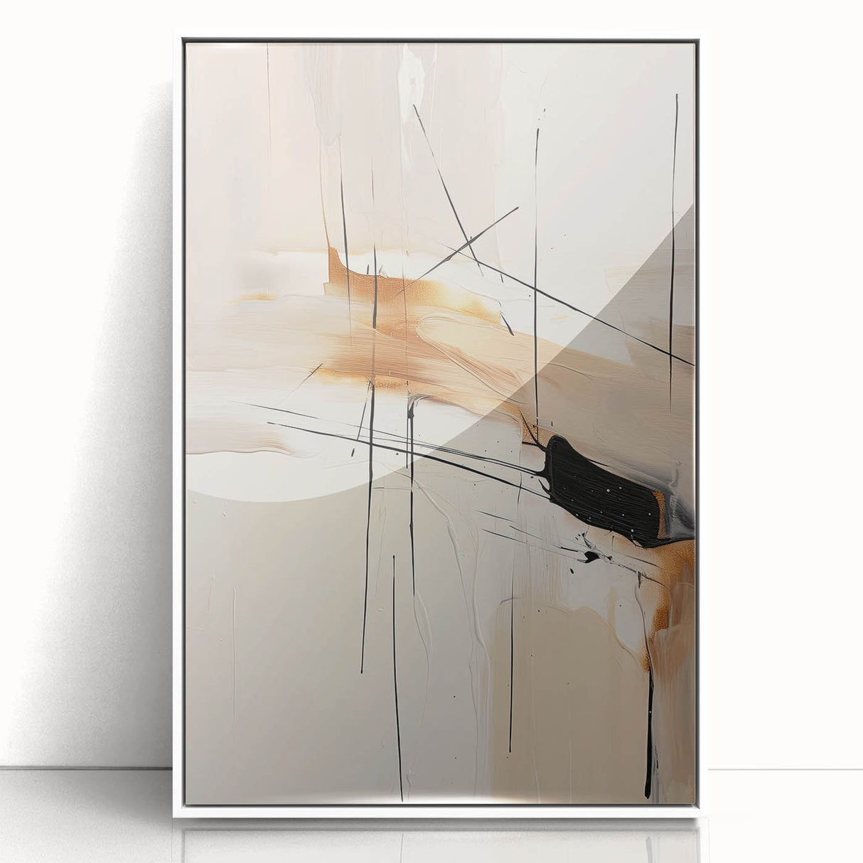 Framed abstract minimalist wall art in white acrylic, showcasing a sleek design suitable for modern decor, displayed against a neutral background.