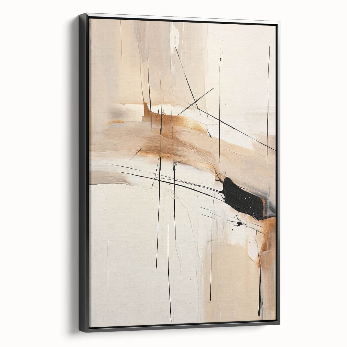 Abstract minimalist wall art in a black frame, showcasing a sleek side view of modern design. Perfect for contemporary home decor, enhancing any space with elegance.