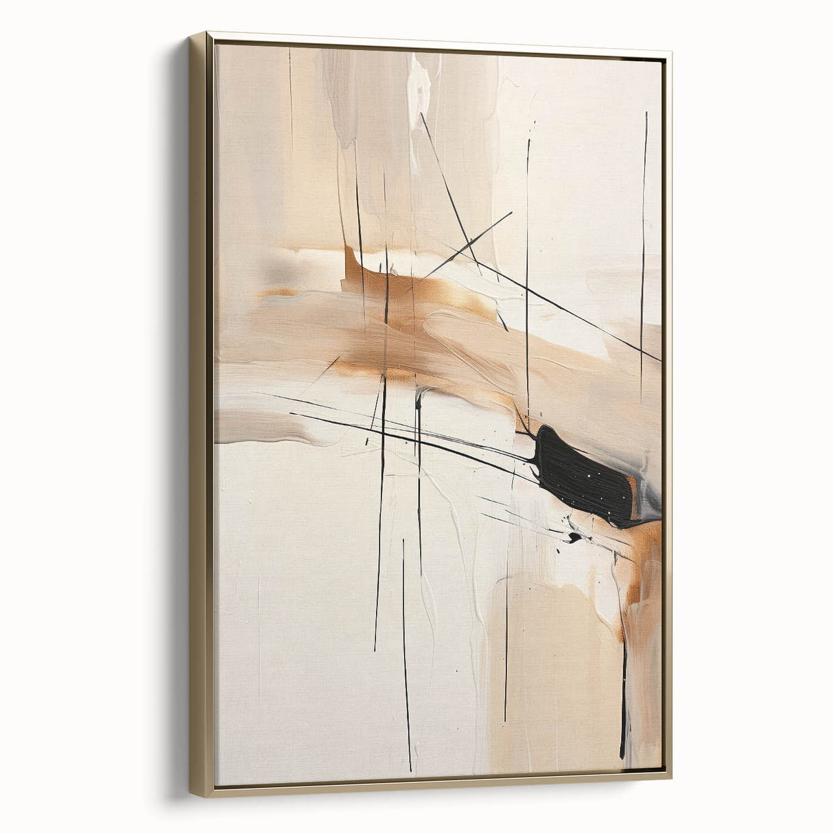 Framed minimalist wall art showcasing an abstract design with gold accents, set against a neutral background, ideal for modern home decor.