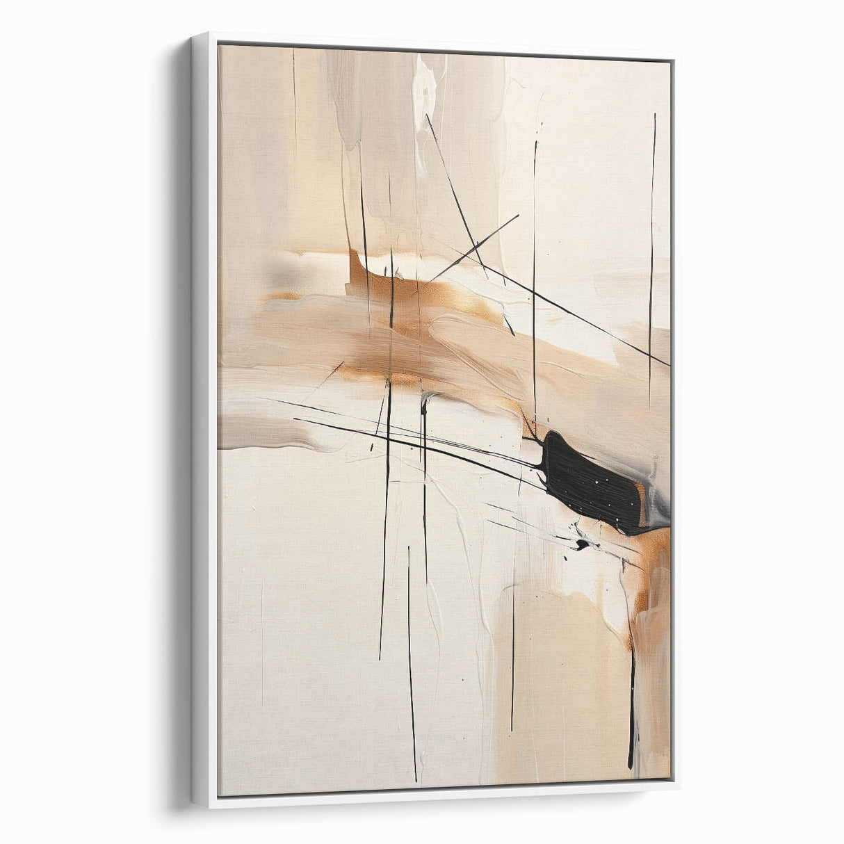 Framed minimalist abstract wall art canvas featuring a white background with subtle geometric patterns, ideal for modern home decor, displayed in a side view.