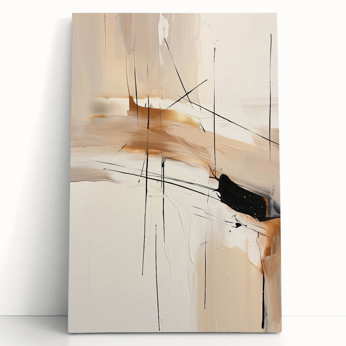 Abstract minimalist wall art on stretched canvas, showcasing soft pastel colors and geometric shapes, leaning against a neutral wall for an elegant decor touch. Ideal for modern home aesthetics and art enthusiasts seeking contemporary design.