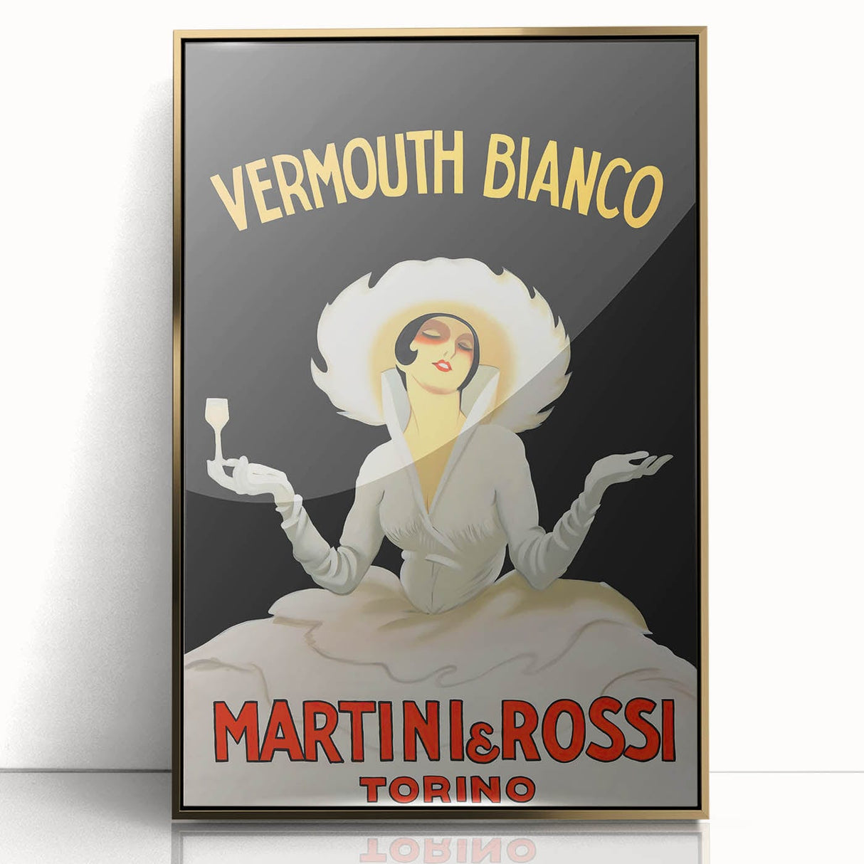 Large acrylic print of mid-century modernist food and drinks, in gold and black tones, ideal for modern kitchen decor.