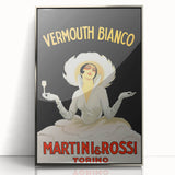 Mid-century modernist art depicting food and drinks in bold, colorful acrylic, framed in silver.