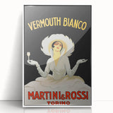 Art deco poster featuring a stylized cocktail glass in bold black and silver tones, framed acrylic.