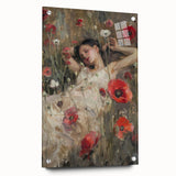 Abstract figurative acrylic artwork displayed in a glass frame, showcasing vibrant colors and intricate details, accented by pins for added dimension.