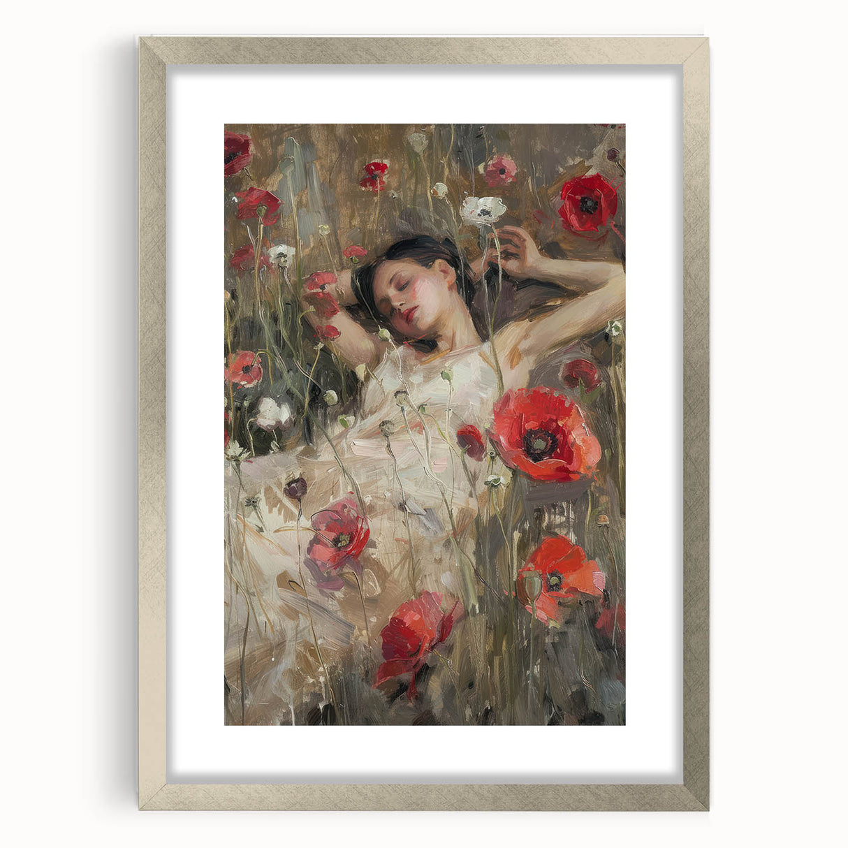 Abstract figurative frame with a sleek silver finish and a white mat, showcasing modern art design. Ideal for contemporary decor in living spaces.