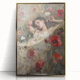 Abstract figurative art piece framed in gold, showcasing vibrant colors and dynamic shapes, perfect for modern home decor. Ideal for enhancing living spaces with artistic flair.