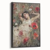 Abstract figurative art piece in a sleek black frame, showcasing vibrant colors and dynamic shapes, perfect for modern home decor or gallery settings.