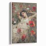 Abstract figurative wall art in a sleek white frame, showcasing vibrant colors and fluid shapes, ideal for modern home decor and artistic expression.