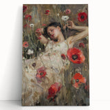 Abstract figurative stretched canvas artwork featuring vibrant colors and dynamic shapes, leaning against a neutral wall, ideal for modern home decor.