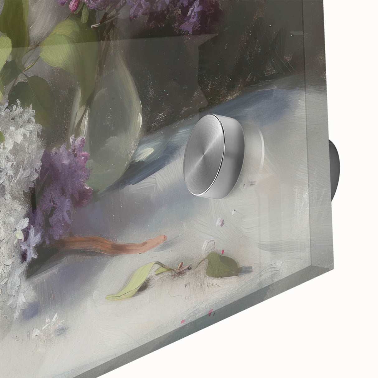 Close-up of an abstract floral design in vibrant colors on acrylic glass, showcasing intricate details and a glossy finish, perfect for modern decor.
