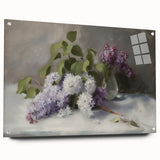 Abstract floral acrylic glass artwork displayed from a side view, showcasing vibrant colors and intricate pin details, perfect for modern home decor.