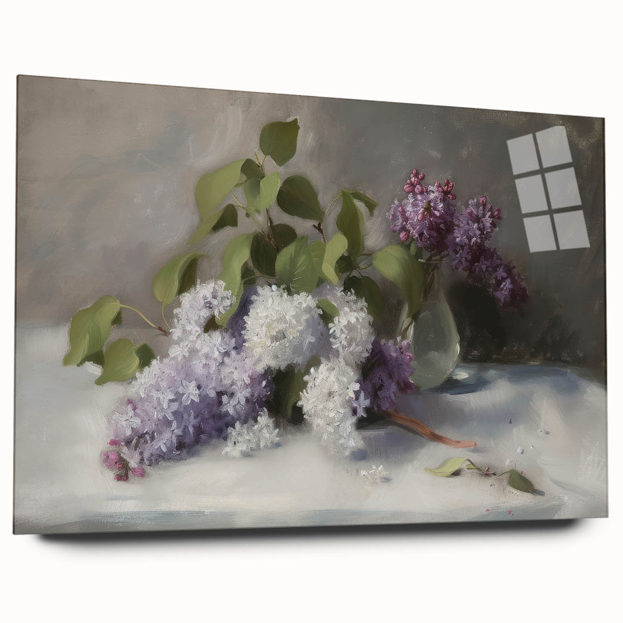 Abstract floral design on acrylic glass, showcasing vibrant colors and intricate patterns, viewed from the side, perfect for modern home decor accents.