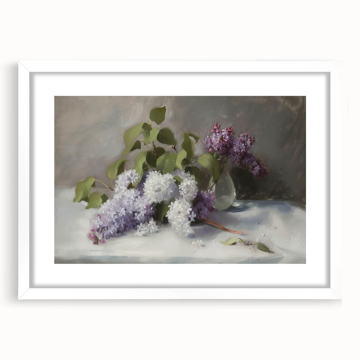 Abstract floral art print in a white frame with a mat, showcasing vibrant colors and intricate designs, perfect for modern home decor and interior styling.