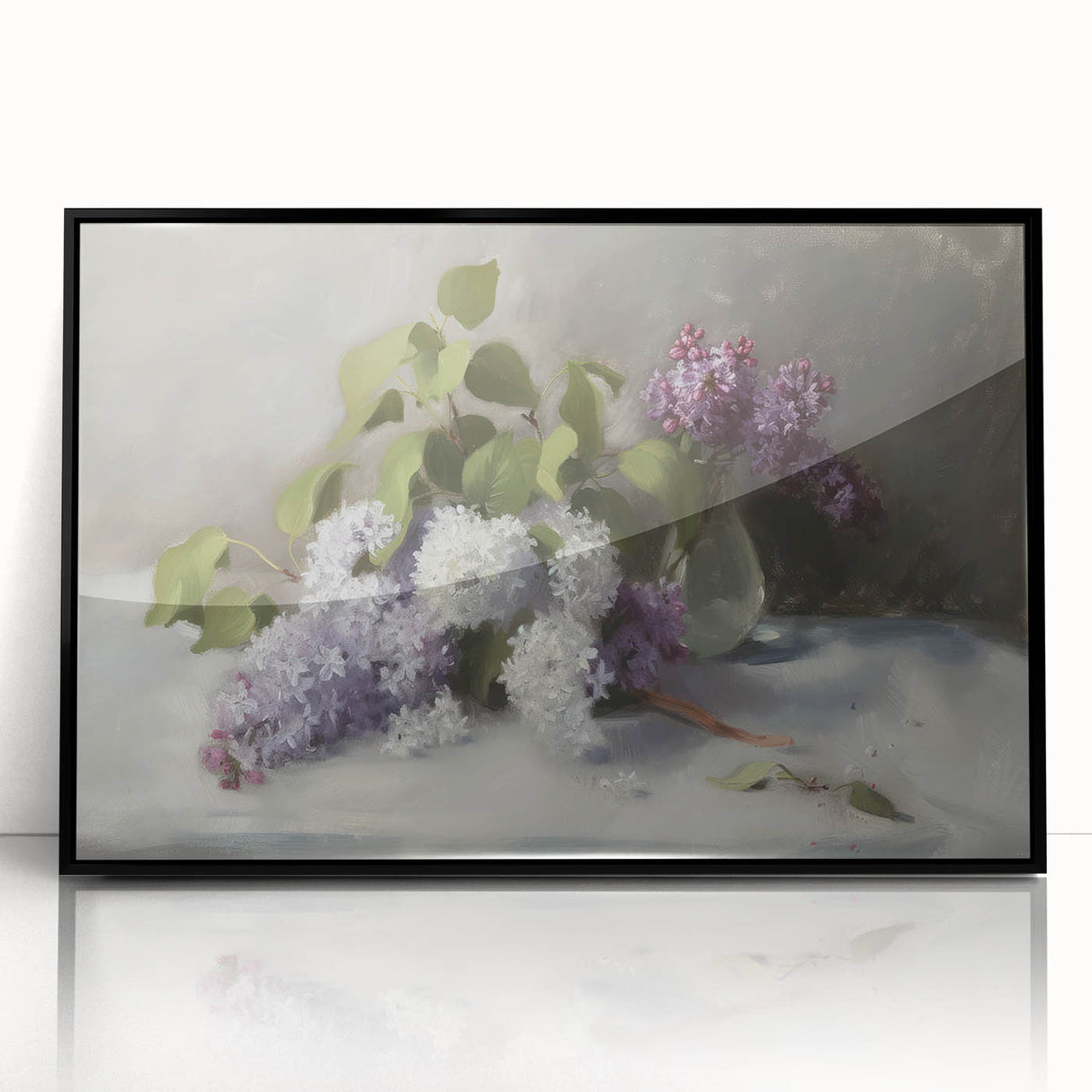 Framed acrylic artwork showcasing vibrant abstract florals in shades of pink, blue, and gold, set against a sleek black frame, ideal for modern decor.