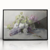 Framed acrylic artwork showcasing vibrant abstract florals in shades of pink, blue, and gold, set against a sleek black frame, ideal for modern decor.