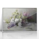 Framed acrylic artwork featuring vibrant abstract floral designs in shades of pink, blue, and green, elegantly displayed in a white frame, ideal for modern home decor.