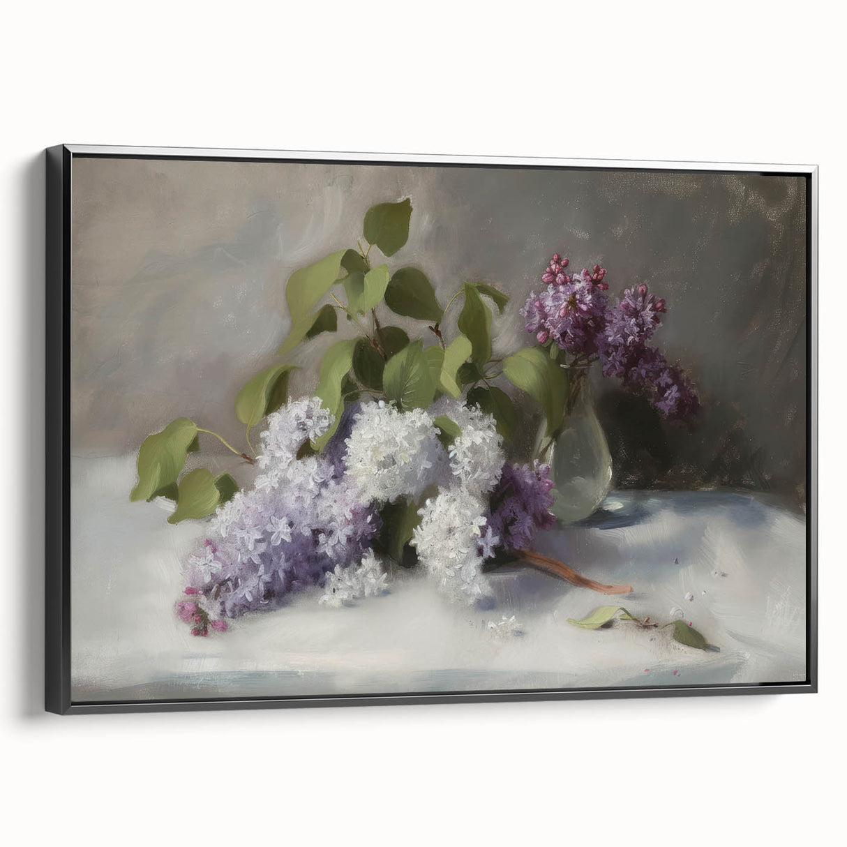 Framed canvas artwork showcasing an abstract floral design in vibrant colors, displayed in a sleek black frame from a side view, perfect for modern decor.