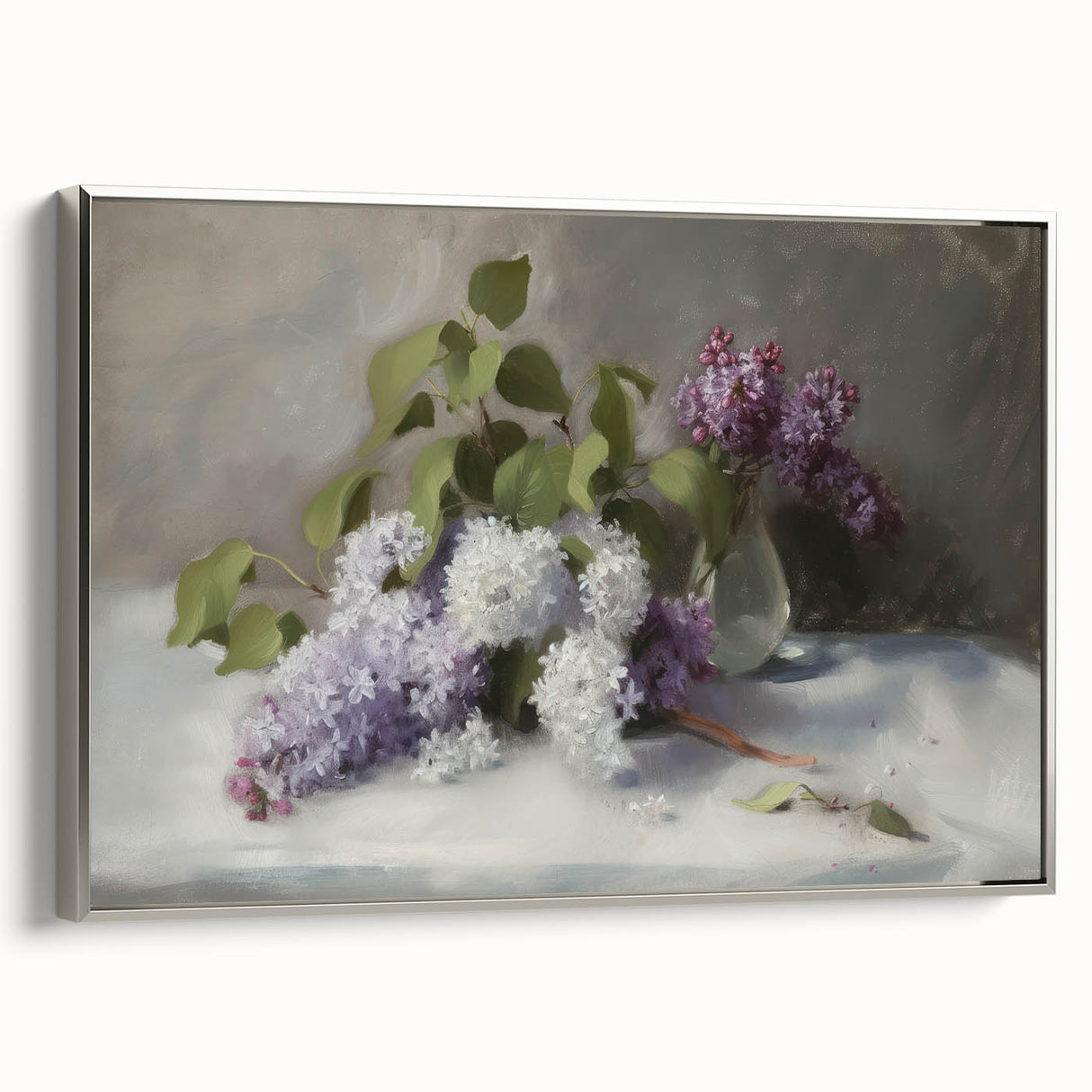 Framed canvas artwork showcasing vibrant abstract florals in soft pastel colors, set in a sleek silver frame, ideal for modern home decor.