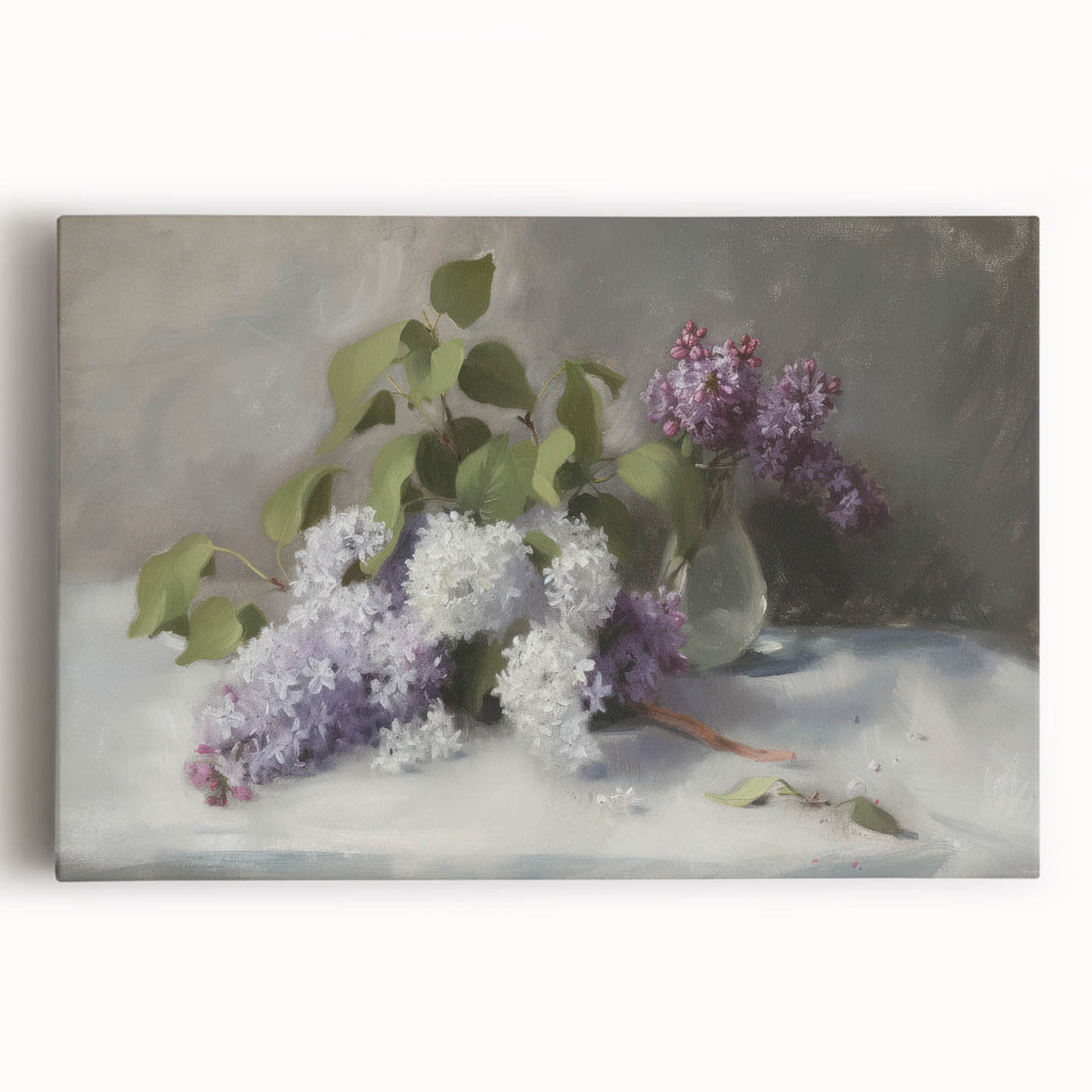 Abstract floral stretched canvas artwork showcasing vibrant colors of pink, blue, and yellow flowers against a soft white background, perfect for modern home decor.